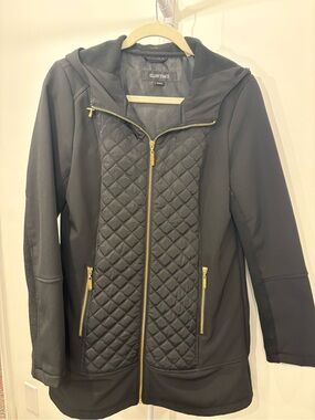 Ellen Tracy Black Quilted-Front Hooded Jacket with Gold Hardware